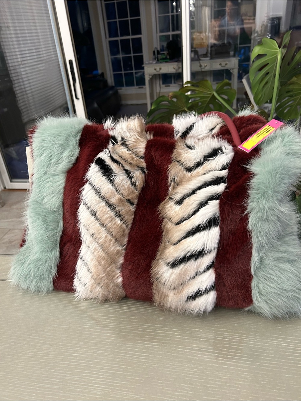 Fur Accent tote bag in Burgundy, Mint & Zebra Stripe - by Cathrine Malandrino